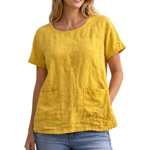 Francesca Bettini Yellow Linen Top Made in Italy Boxy Pocket Blouse Womens S